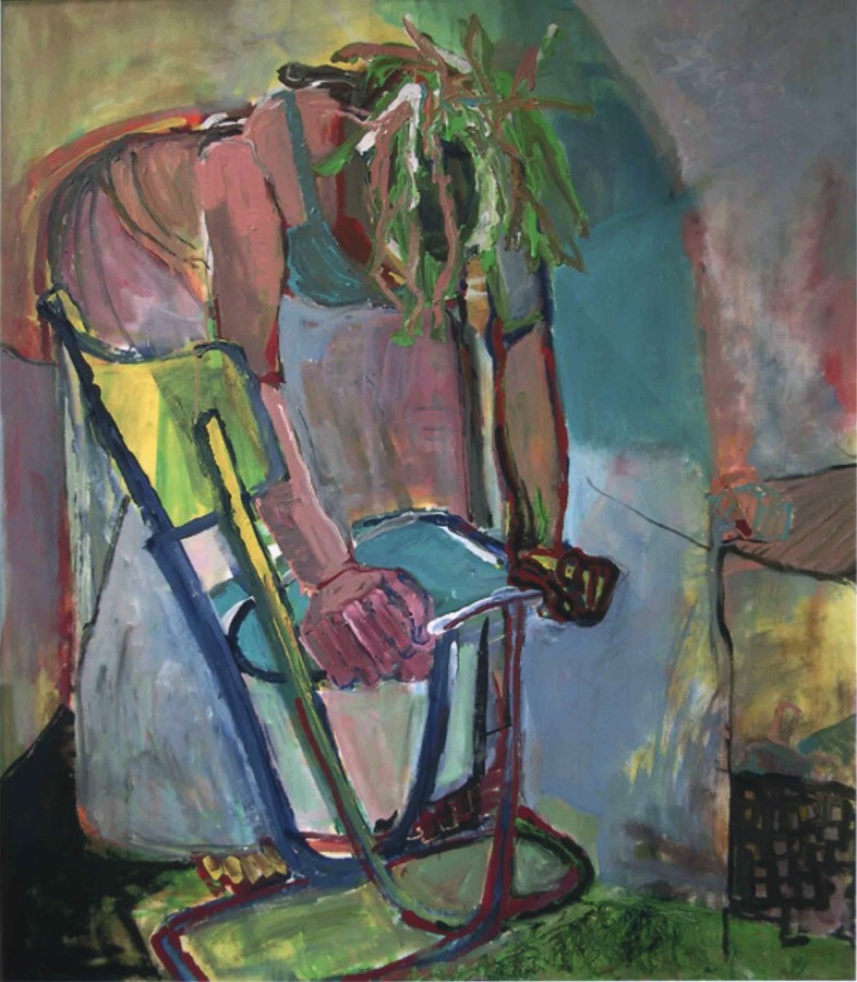 Frau mit Stuhl,  Acryl auf Leinwand, 113x100