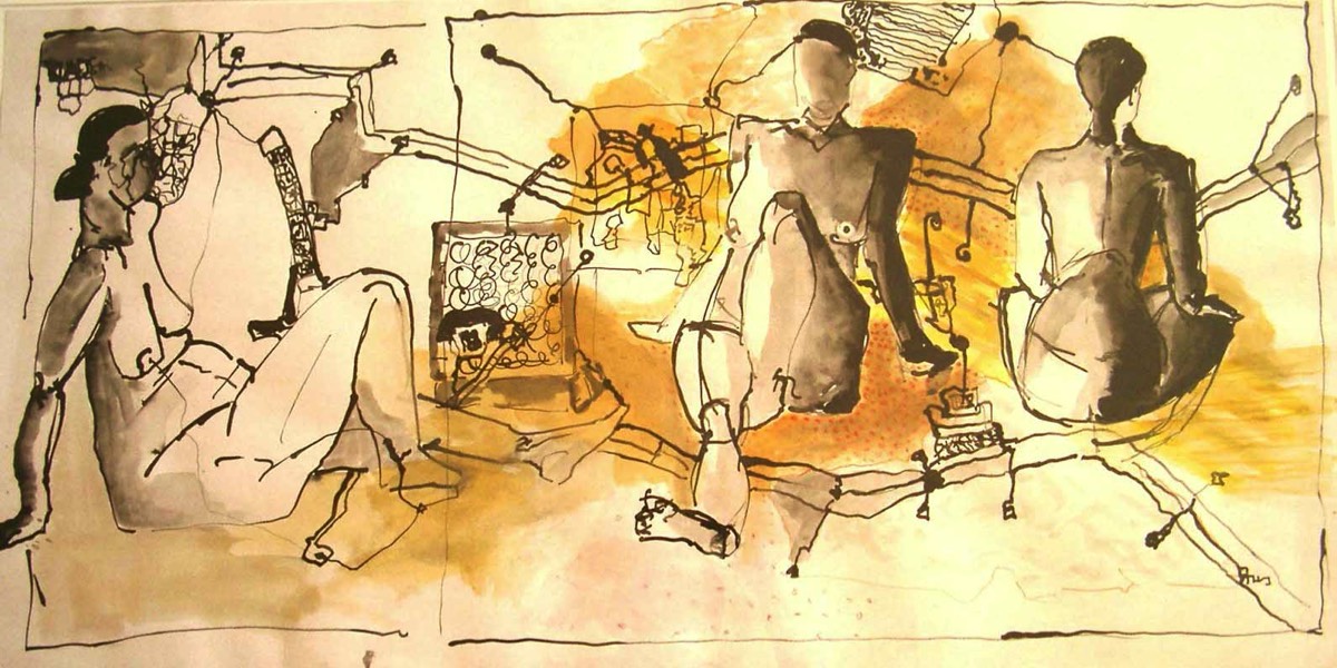 Sitzende Frauen,  Mischtechnik auf Papier, 50x98
